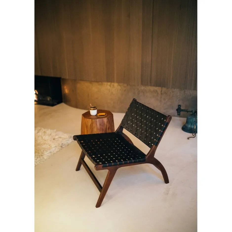 Pomax Canapés-AOSTA - chaise relax - cuir de buffle / bois d'acacia - L 65 x W 76 x H 70 cm - noir