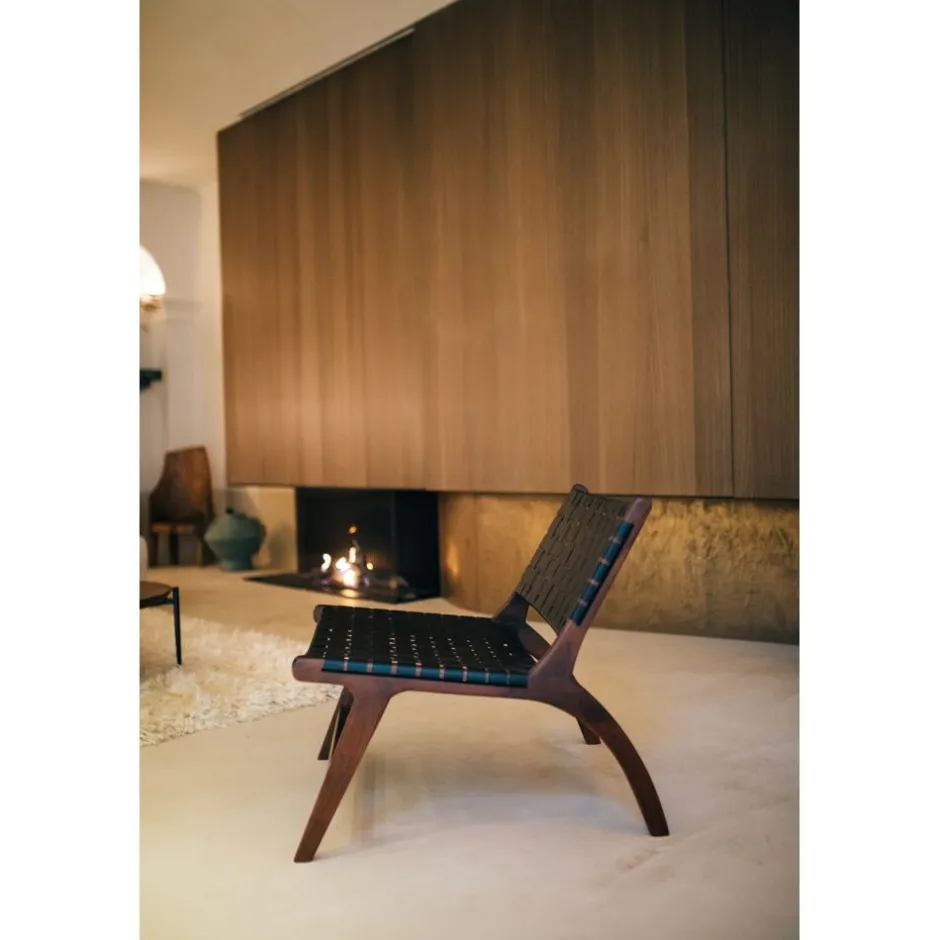 Pomax Canapés-AOSTA - chaise relax - cuir de buffle / bois d'acacia - L 65 x W 76 x H 70 cm - noir