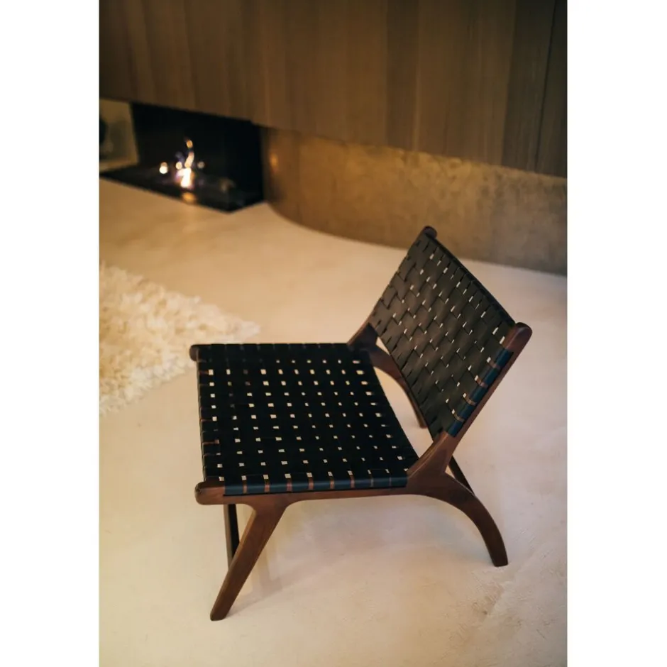 Pomax Canapés-AOSTA - chaise relax - cuir de buffle / bois d'acacia - L 65 x W 76 x H 70 cm - noir