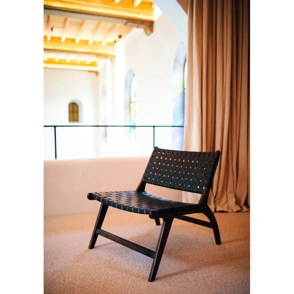 Pomax Canapés-AOSTA - chaise relax - cuir de buffle / bois d'acacia - L 65 x W 76 x H 70 cm - noir