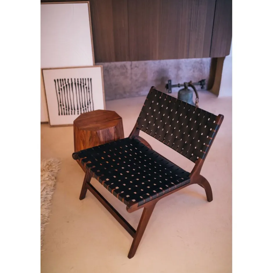 Pomax Canapés-AOSTA - chaise relax - cuir de buffle / bois d'acacia - L 65 x W 76 x H 70 cm - noir