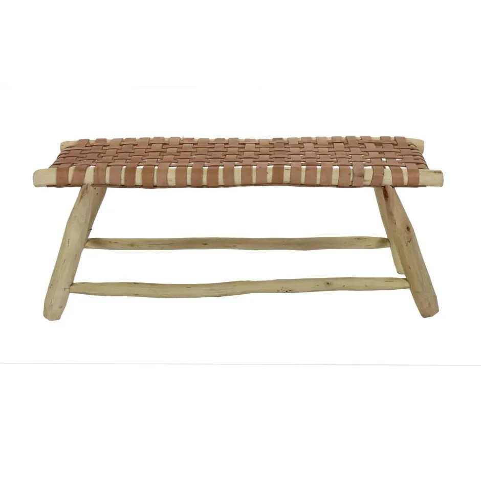 Pomax Bancs-BABOUCHE - banc - bois d'eucalyptus / cuir - L 105 x W 40 x H 42 cm - naturel