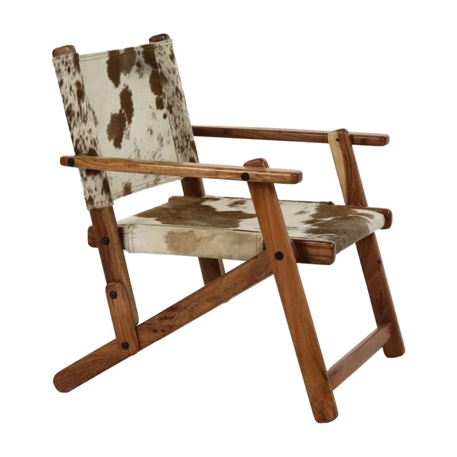 Pomax Canapés-BENISSA - chaise relax - peau de vache / bois d'acacia - L 68 x W 65 x H 77 cm - brun