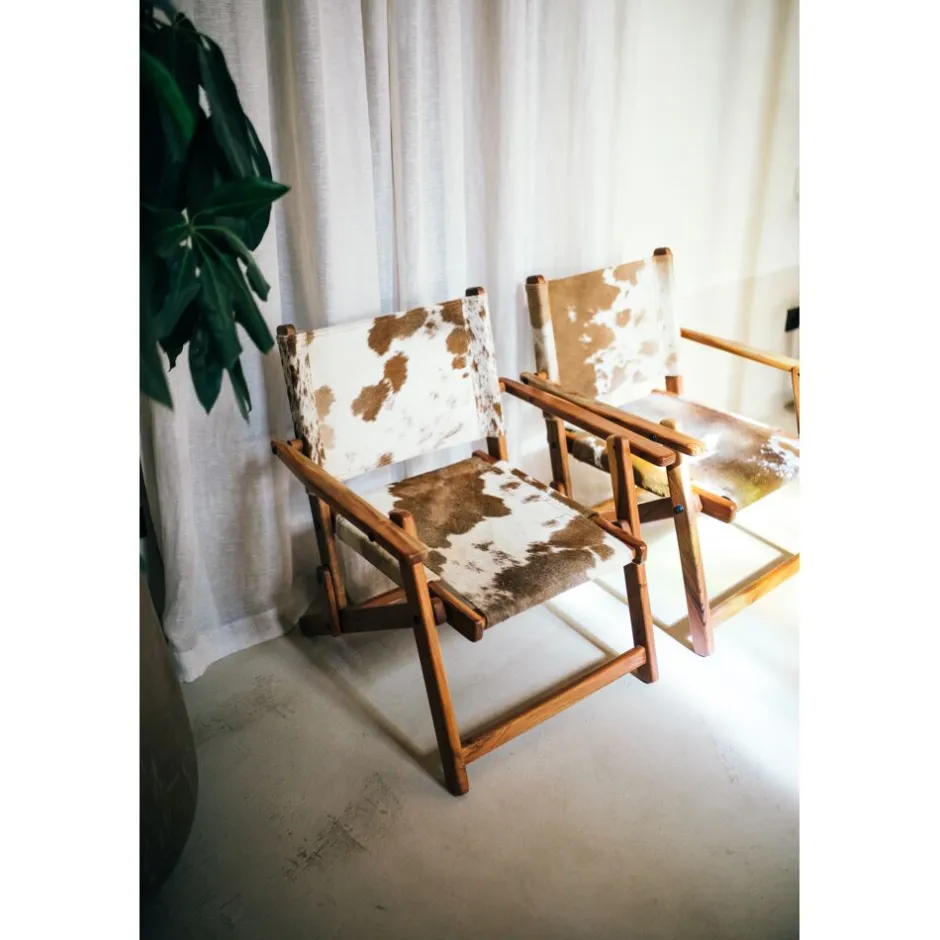 Pomax Canapés-BENISSA - chaise relax - peau de vache / bois d'acacia - L 68 x W 65 x H 77 cm - brun