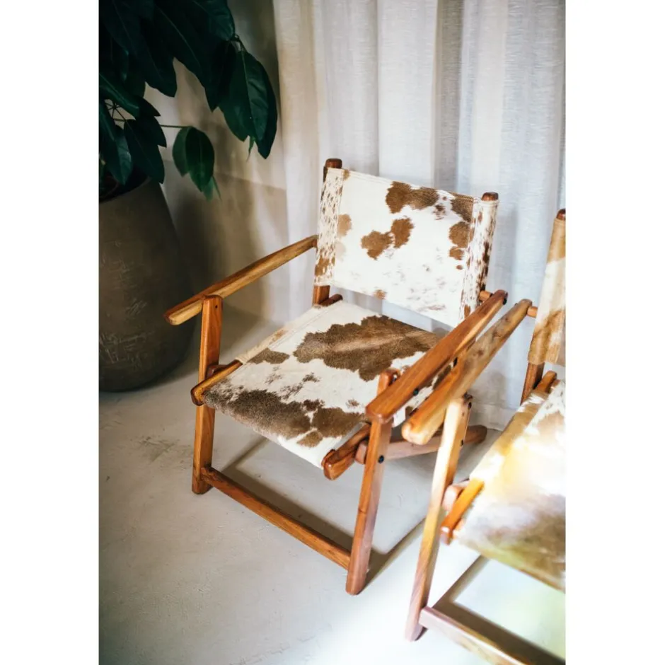 Pomax Canapés-BENISSA - chaise relax - peau de vache / bois d'acacia - L 68 x W 65 x H 77 cm - brun