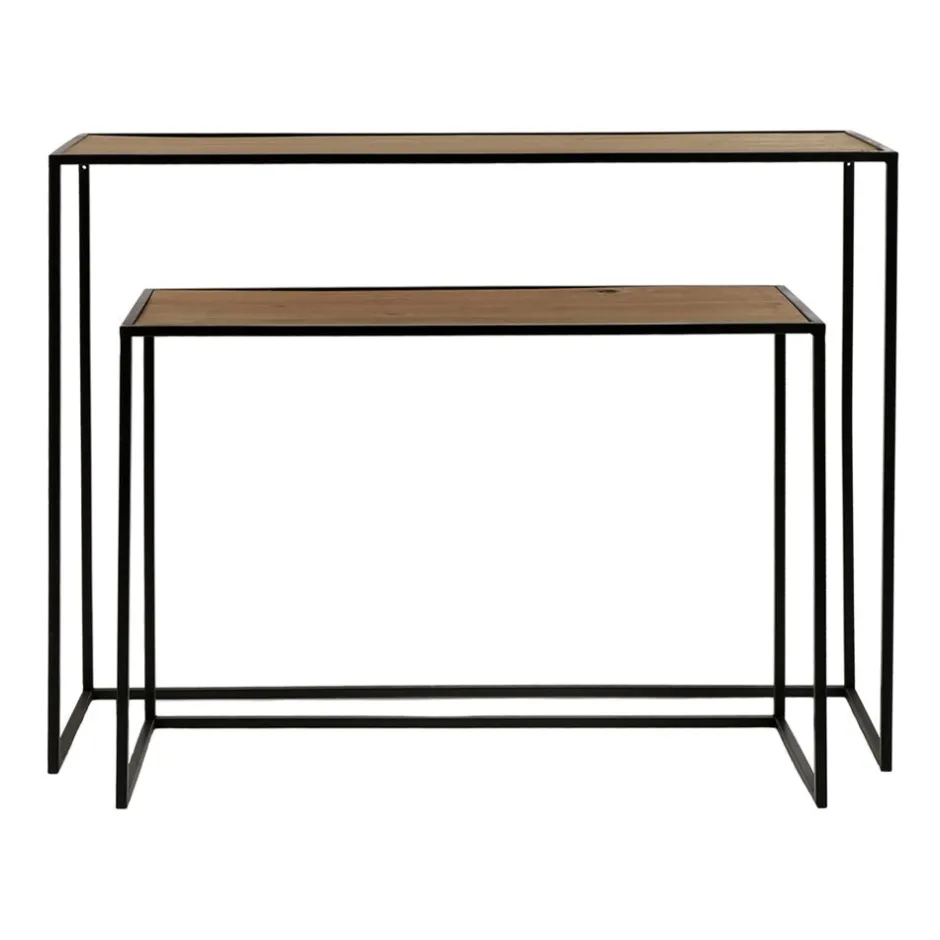 Pomax Consoles-ESZENTIAL - set/2 consoles - bois - métal - L 80/100 x W 30/30 x H 60/80 cm - naturel/noir