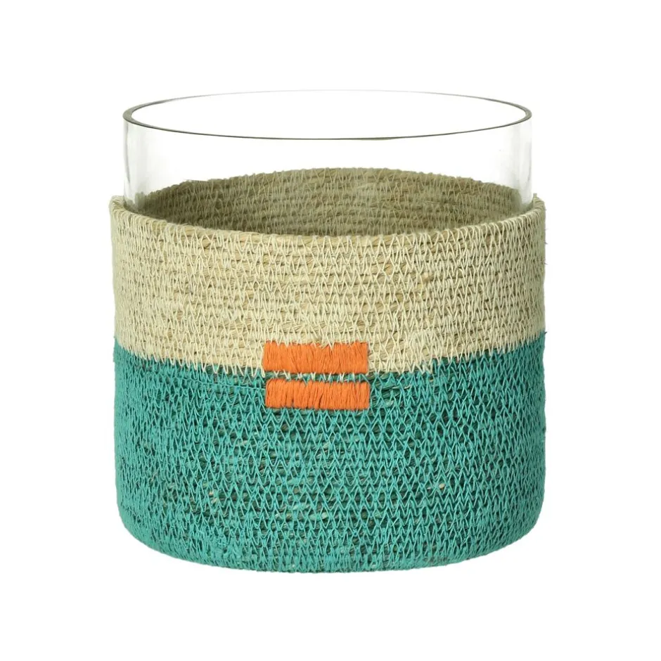 Pomax Photophores / T-lights-FIESTA - photophore - jonc de mer / verre - DIA 15 x H 15 cm - aqua