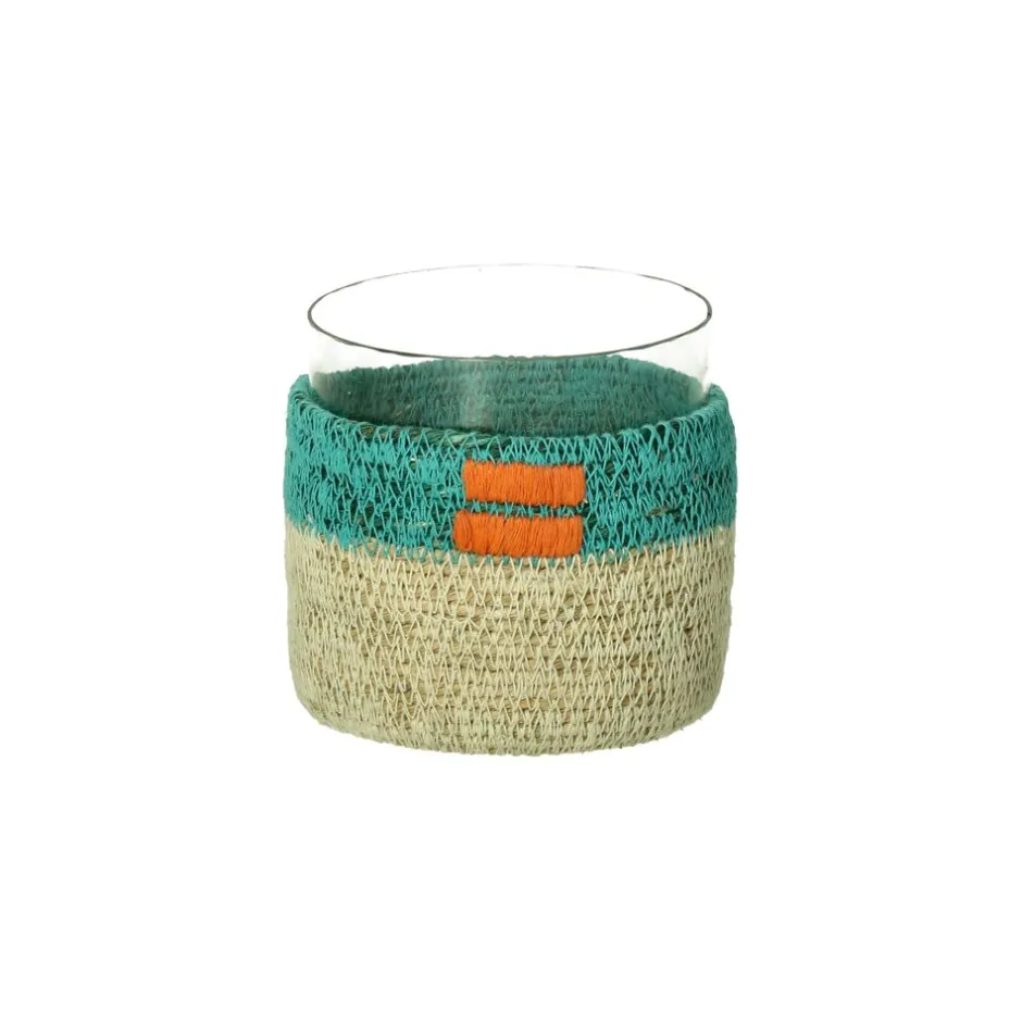 Pomax Photophores / T-lights-FIESTA - photophore - jonc de mer / verre - DIA 10 x H 10 cm - aqua