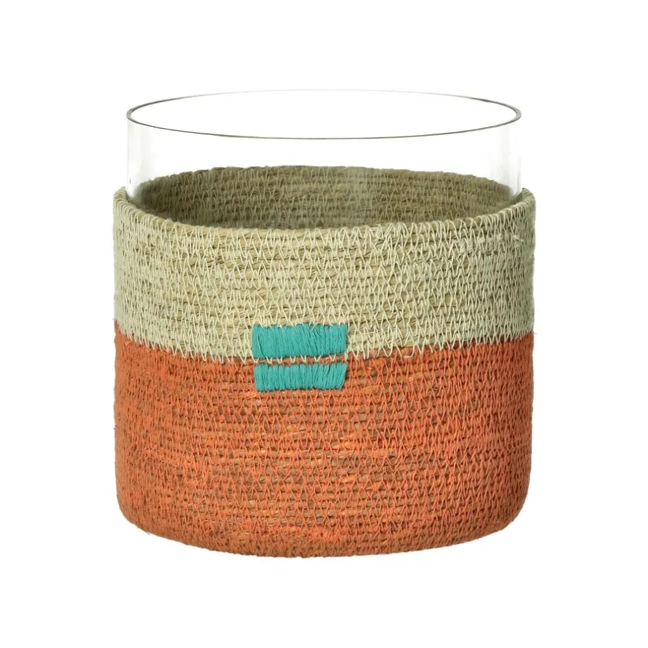 Pomax Photophores / T-lights-FIESTA - photophore - jonc de mer / verre - DIA 15 x H 15 cm - orange