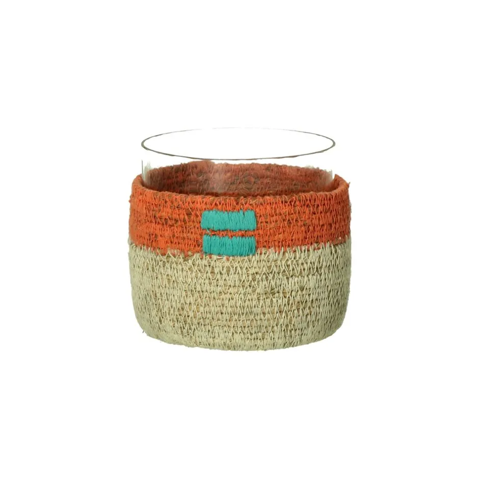 Pomax Photophores / T-lights-FIESTA - photophore - jonc de mer / verre - DIA 10 x H 10 cm - orange