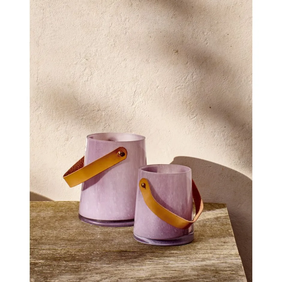 Pomax Lanternes-PAULA - lanterne - verre / cuir polyurethane - DIA 14 x H 16 cm - lavande